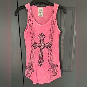 B5-119- Gorgeous Acid Wash Pink Cross Tank Top